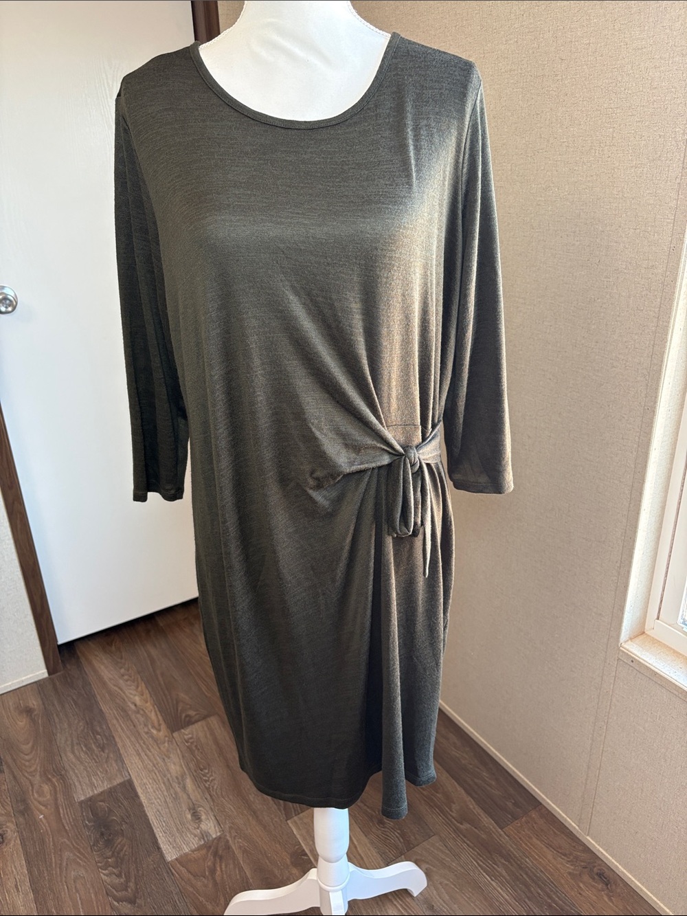 Gap Side Tie Midi Dress Deep Woods Green 3/4 Sleeve Soft Knit Large Officewear